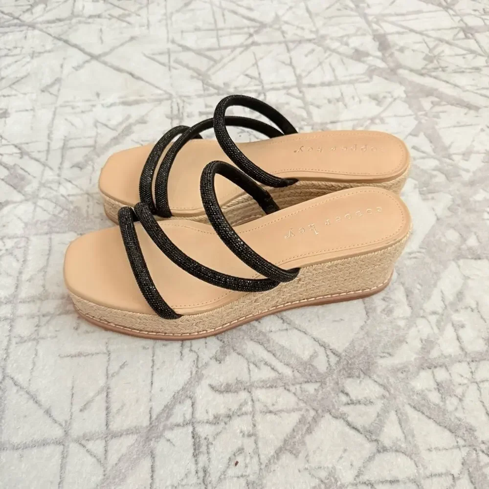 Black Espadrille Platform Wedge Sandals Rhinestone Strappy Slides 8.5 NWOB